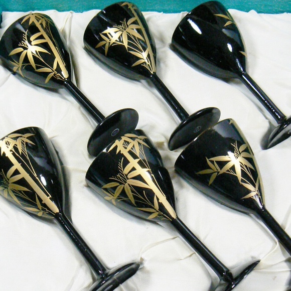 VTG black lacquer Bamboo design gold on black lacquer set of 6 goblets tray Box - Picture 4 of 12